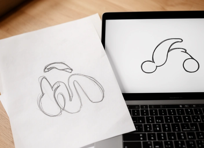 Boceto de un logo dibujado a mano junto a la pantalla de una computadora