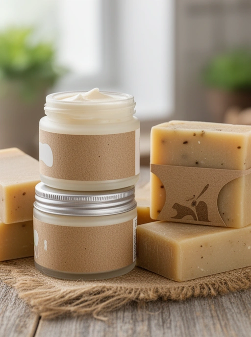 Potes de crema y jabones artesanales con etiquetas kraft