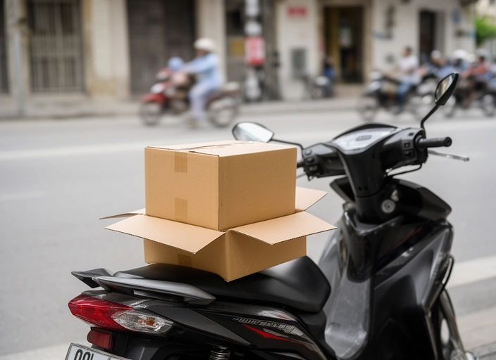 Caja de etiquetas en el baúl de una moto de mensajería