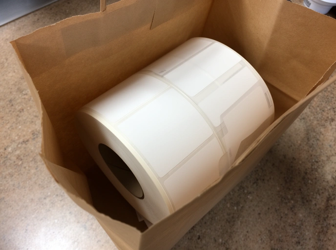 Rollo de etiquetas terminado dentro de una bolsa con el pedido