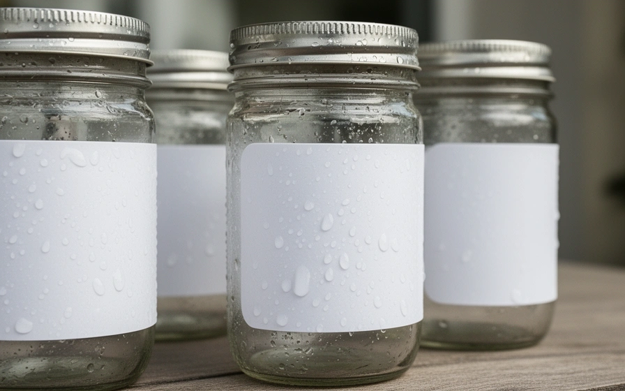 Frascos de conserva con etiquetas de vinilo blanco mojadas