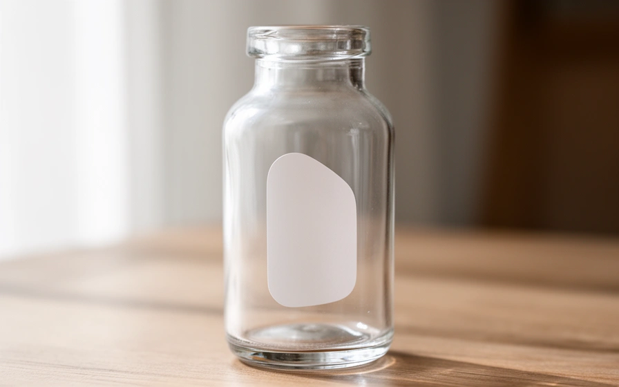 Botella de vidrio con etiqueta transparente que deja ver el contenido